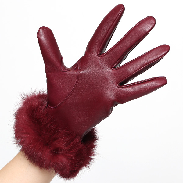 KURODA(クロダ) ラビットファー レディース 本革 手袋 ワイン レッド ワイン 赤色 女性 婦人 天然 ファー付き グローブ おしゃれ 高級 皮 てぶくろ 日本メーカー ブランド