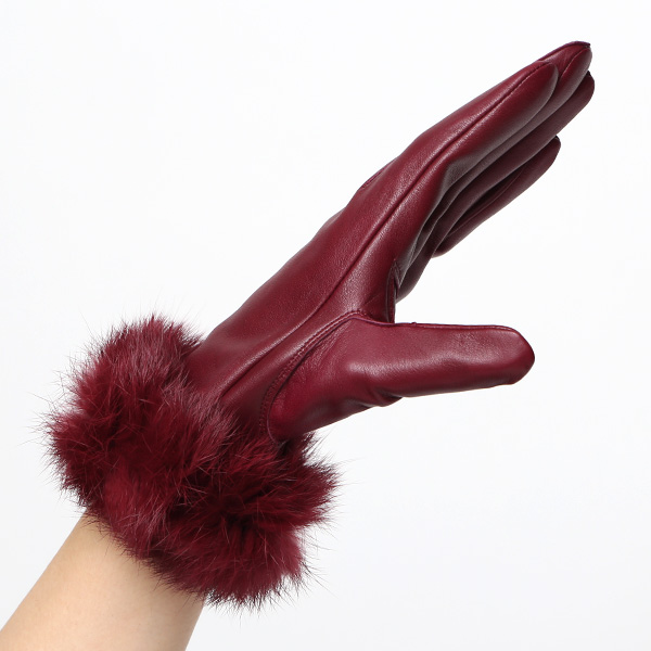 KURODA(クロダ) ラビットファー レディース 本革 手袋 ワイン レッド ワイン 赤色 女性 婦人 天然 ファー付き グローブ おしゃれ 高級 皮 てぶくろ 日本メーカー ブランド