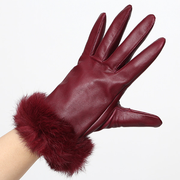 KURODA(クロダ) ラビットファー レディース 本革 手袋 ワイン レッド ワイン 赤色 女性 婦人 天然 ファー付き グローブ おしゃれ 高級 皮 てぶくろ 日本メーカー ブランド