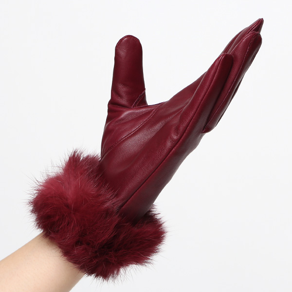 KURODA(クロダ) ラビットファー レディース 本革 手袋 ワイン レッド ワイン 赤色 女性 婦人 天然 ファー付き グローブ おしゃれ 高級 皮 てぶくろ 日本メーカー ブランド