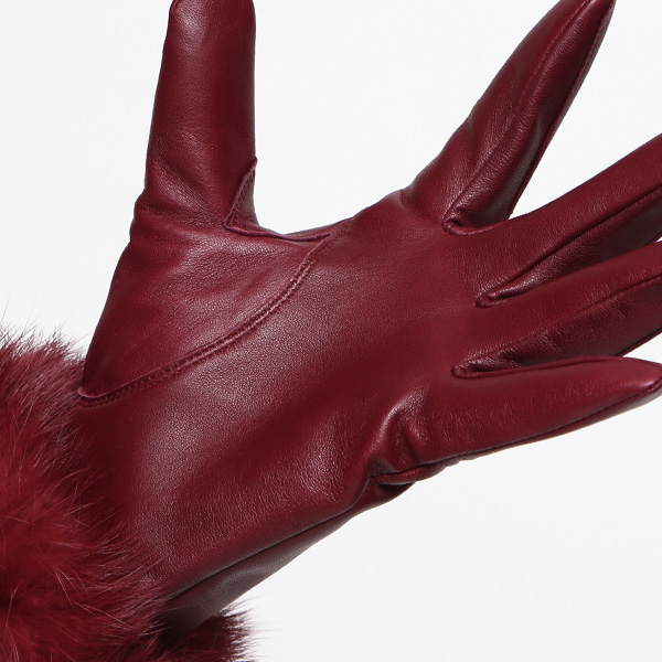 KURODA(クロダ) ラビットファー レディース 本革 手袋 ワイン レッド ワイン 赤色 女性 婦人 天然 ファー付き グローブ おしゃれ 高級 皮 てぶくろ 日本メーカー ブランド