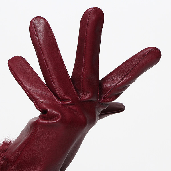 KURODA(クロダ) ラビットファー レディース 本革 手袋 ワイン レッド ワイン 赤色 女性 婦人 天然 ファー付き グローブ おしゃれ 高級 皮 てぶくろ 日本メーカー ブランド