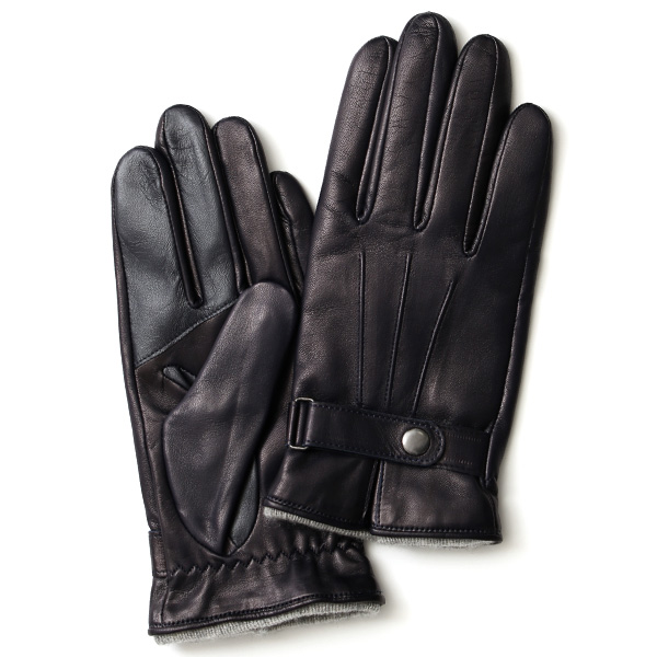 KURODA(クロダ) イタリーラム カシミヤ100％裏地 スマホ操作可能 三本山 ベルト付き メンズ 本革手袋 ネイビー