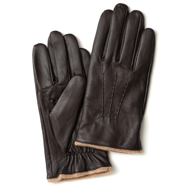 KURODA(クロダ) ラムスキン カシミヤ50％裏地 スマホ操作可能 三本山 メンズ 本革手袋 ダークブラウン