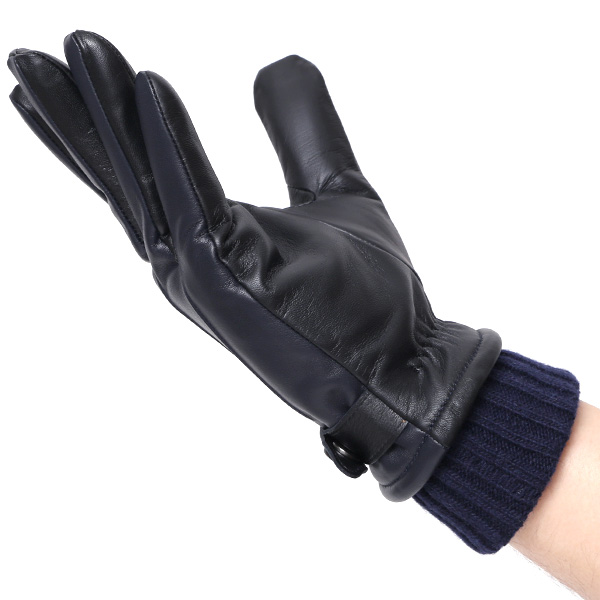  手袋 メンズ スマホ対応 レザーグローブ ベルト リブ付き タッチパネル 革手袋 防寒 冬 温かい てぶくろ ブルー ネイビー 青色 日本製 ブランド プレゼント ギフト 彼氏 旦那 男性 クリスマス バレンタイン 手袋 クロダ(KURODA)