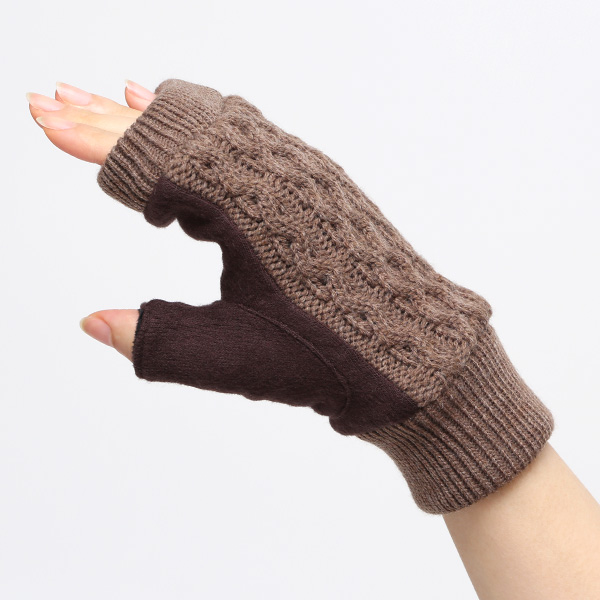 手袋 指なし レディース アームウォーマー 女性用 ハンドウォーマー ケーブル編み 防寒 手首 冬 ダークブラウン ブラウン 茶 茶色 グローブ 作業用 保温 指出し手袋 ニット 暖かい アームカバー オフィス かわいい クロダ(KURODA)