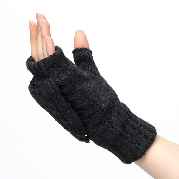 アームウォーマー レディース ミトン フード付き フィンガーレス手袋 ケーブルニット 指なし手袋 厚手 冬 ブラック 黒 黒色 寒さ対策 オフィス 室内 ハンドウォーマー 手首 暖かい 温かい てぶくろ 冷え性 防寒 クロダ(KURODA)