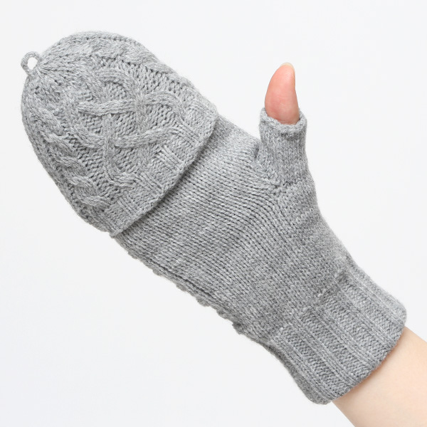 アームウォーマー レディース ミトン フード付き フィンガーレス手袋 ケーブルニット 指なし手袋 厚手 冬 グレー グレイ 灰色 寒さ対策 オフィス 室内 ハンドウォーマー 手首 暖かい 温かい てぶくろ 冷え性 防寒 クロダ(KURODA)