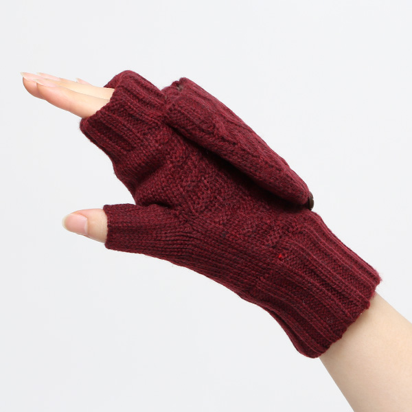アームウォーマー レディース ミトン フード付き フィンガーレス手袋 ケーブルニット 指なし手袋 厚手 冬 ワイン レッド ワイン 赤色 寒さ対策 オフィス 室内 ハンドウォーマー 手首 暖かい 温かい てぶくろ 冷え性 防寒 クロダ(KURODA)