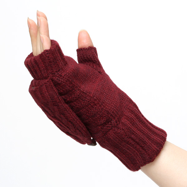アームウォーマー レディース ミトン フード付き フィンガーレス手袋 ケーブルニット 指なし手袋 厚手 冬 ワイン レッド ワイン 赤色 寒さ対策 オフィス 室内 ハンドウォーマー 手首 暖かい 温かい てぶくろ 冷え性 防寒 クロダ(KURODA)