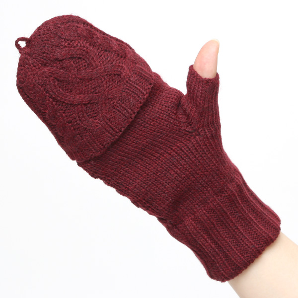 アームウォーマー レディース ミトン フード付き フィンガーレス手袋 ケーブルニット 指なし手袋 厚手 冬 ワイン レッド ワイン 赤色 寒さ対策 オフィス 室内 ハンドウォーマー 手首 暖かい 温かい てぶくろ 冷え性 防寒 クロダ(KURODA)