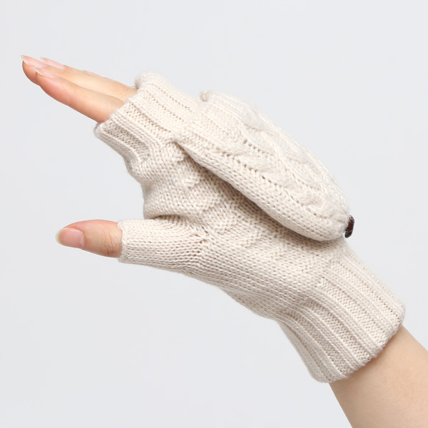 アームウォーマー レディース ミトン フード付き フィンガーレス手袋 ケーブルニット 指なし手袋 厚手 冬 ベージュ 肌色 寒さ対策 オフィス 室内 ハンドウォーマー 手首 暖かい 温かい てぶくろ 冷え性 防寒 クロダ(KURODA)