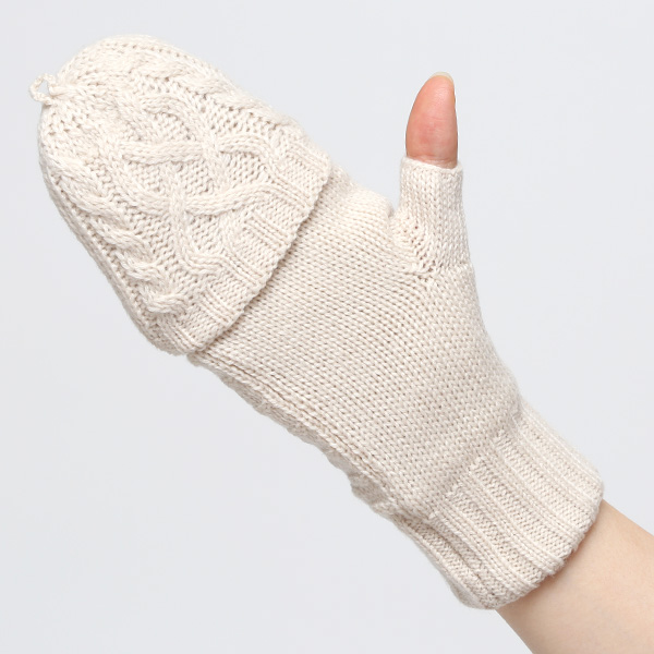 アームウォーマー レディース ミトン フード付き フィンガーレス手袋 ケーブルニット 指なし手袋 厚手 冬 ベージュ 肌色 寒さ対策 オフィス 室内 ハンドウォーマー 手首 暖かい 温かい てぶくろ 冷え性 防寒 クロダ(KURODA)