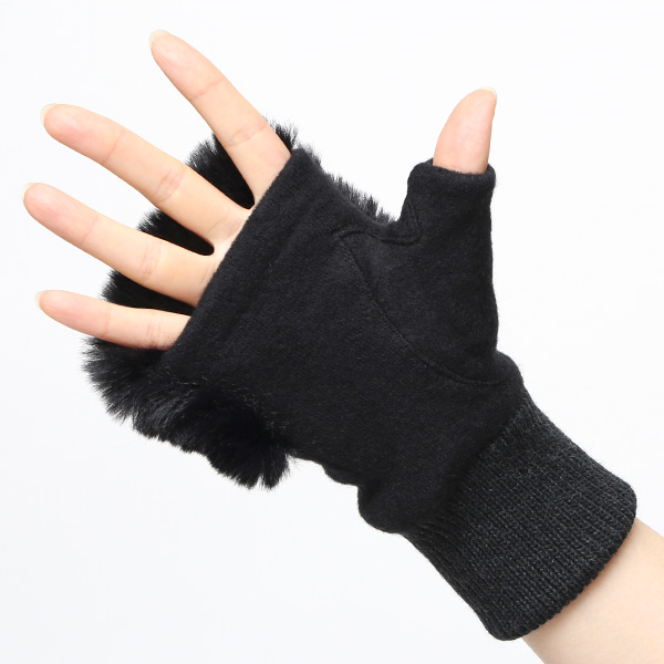  手袋 指なし レディース ハンドウォーマー フィンガーレス手袋 グローブ 防寒 冬 ファー 暖かい スマホ ブラック 黒 黒色 おしゃれ かわいい 指あき手袋 リブ ボア 女性 ブランド ファー付き 手袋 冷え性 クロダ(KURODA)