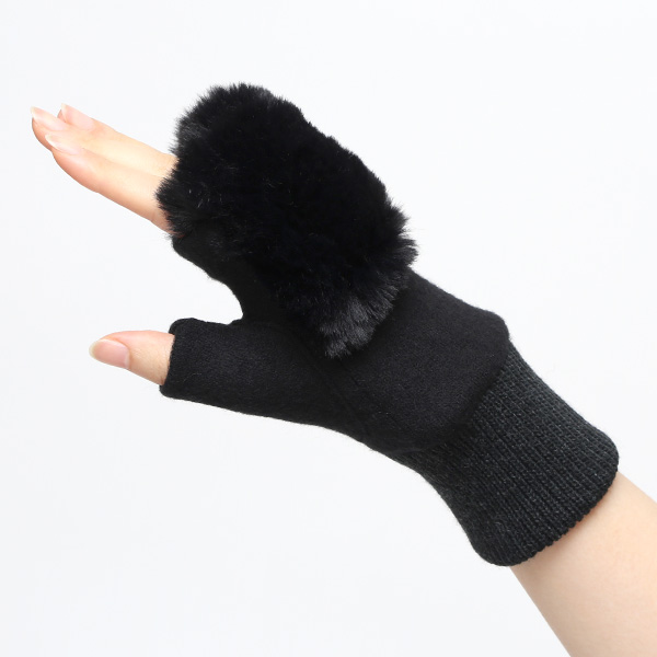  手袋 指なし レディース ハンドウォーマー フィンガーレス手袋 グローブ 防寒 冬 ファー 暖かい スマホ ブラック 黒 黒色 おしゃれ かわいい 指あき手袋 リブ ボア 女性 ブランド ファー付き 手袋 冷え性 クロダ(KURODA)