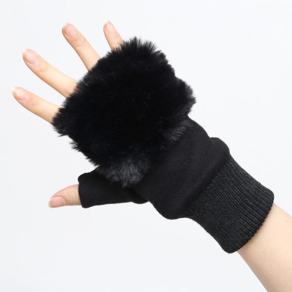  手袋 指なし レディース ハンドウォーマー フィンガーレス手袋 グローブ 防寒 冬 ファー 暖かい スマホ ブラック 黒 黒色 おしゃれ かわいい 指あき手袋 リブ ボア 女性 ブランド ファー付き 手袋 冷え性 クロダ(KURODA)