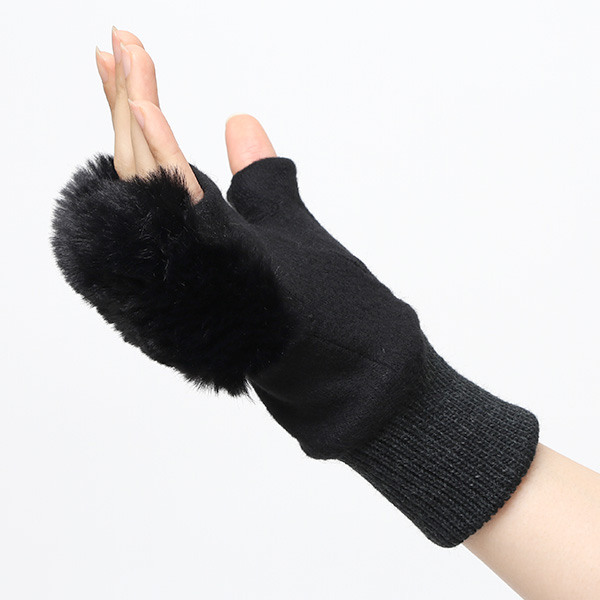  手袋 指なし レディース ハンドウォーマー フィンガーレス手袋 グローブ 防寒 冬 ファー 暖かい スマホ ブラック 黒 黒色 おしゃれ かわいい 指あき手袋 リブ ボア 女性 ブランド ファー付き 手袋 冷え性 クロダ(KURODA)
