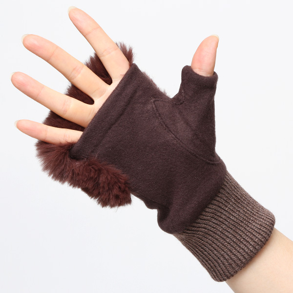 手袋 指なし レディース ハンドウォーマー フィンガーレス手袋 グローブ 防寒 冬 ファー 暖かい スマホ ダークブラウン ブラウン 茶 茶色 おしゃれ かわいい 指あき手袋 リブ ボア 女性 ブランド ファー付き 手袋 冷え性 クロダ(KURODA)
