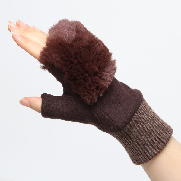  手袋 指なし レディース ハンドウォーマー フィンガーレス手袋 グローブ 防寒 冬 ファー 暖かい スマホ ダークブラウン ブラウン 茶 茶色 おしゃれ かわいい 指あき手袋 リブ ボア 女性 ブランド ファー付き 手袋 冷え性 クロダ(KURODA)