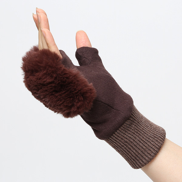  手袋 指なし レディース ハンドウォーマー フィンガーレス手袋 グローブ 防寒 冬 ファー 暖かい スマホ ダークブラウン ブラウン 茶 茶色 おしゃれ かわいい 指あき手袋 リブ ボア 女性 ブランド ファー付き 手袋 冷え性 クロダ(KURODA)