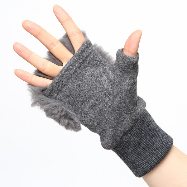  手袋 指なし レディース ハンドウォーマー フィンガーレス手袋 グローブ 防寒 冬 ファー 暖かい スマホ ダークグレー グレー グレイ 灰色 おしゃれ かわいい 指あき手袋 リブ ボア 女性 ブランド ファー付き 手袋 冷え性 クロダ(KURODA)