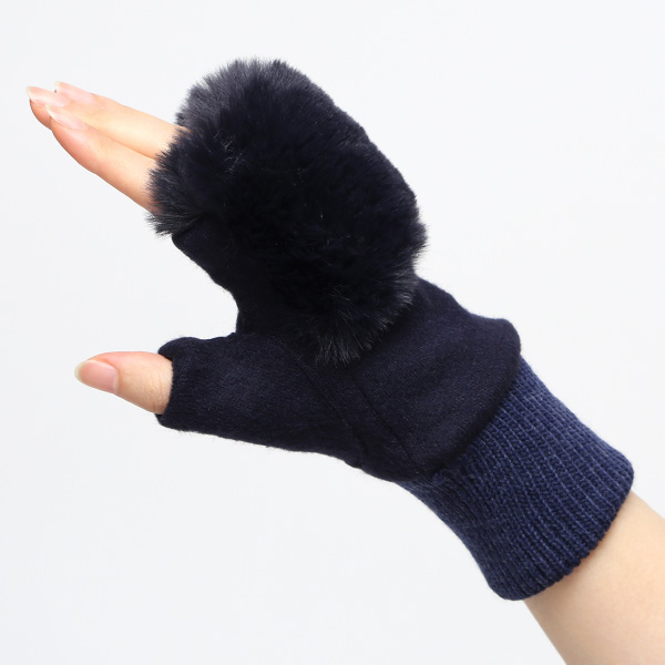  手袋 指なし レディース ハンドウォーマー フィンガーレス手袋 グローブ 防寒 冬 ファー 暖かい スマホ ブルー ネイビー 青色 おしゃれ かわいい 指あき手袋 リブ ボア 女性 ブランド ファー付き 手袋 冷え性 クロダ(KURODA)
