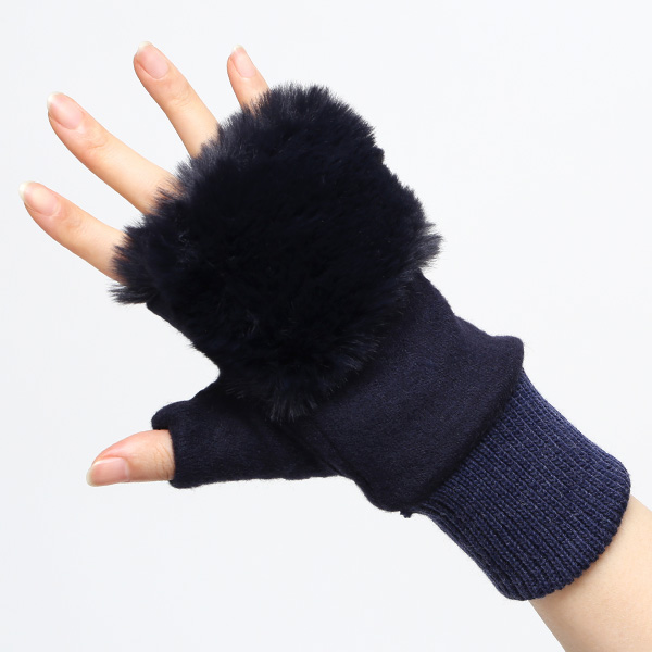  手袋 指なし レディース ハンドウォーマー フィンガーレス手袋 グローブ 防寒 冬 ファー 暖かい スマホ ブルー ネイビー 青色 おしゃれ かわいい 指あき手袋 リブ ボア 女性 ブランド ファー付き 手袋 冷え性 クロダ(KURODA)