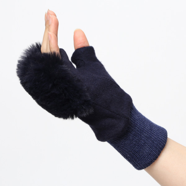  手袋 指なし レディース ハンドウォーマー フィンガーレス手袋 グローブ 防寒 冬 ファー 暖かい スマホ ブルー ネイビー 青色 おしゃれ かわいい 指あき手袋 リブ ボア 女性 ブランド ファー付き 手袋 冷え性 クロダ(KURODA)