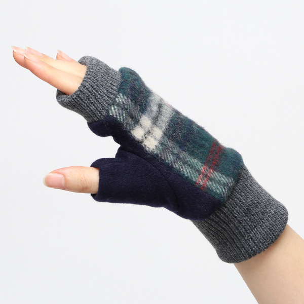  ハンドウォーマー レディース チェック柄 指なし手袋 裏ボア タータンチェック 指ぬき 手袋 防寒 冬 柄 グリーン 緑色 ジャージ 保温 おしゃれ グローブ 女性 スマホ手袋 チェック かわいい 指あき てぶくろ クロダ(KURODA)