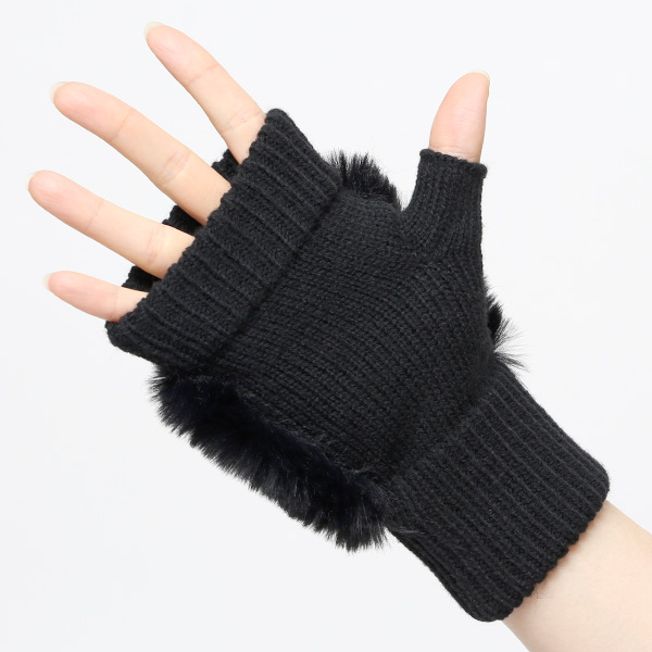  手袋 指なし レディース ハンドウォーマー フィンガーレス手袋 グローブ 防寒 冬 ファー 暖かい スマホ ブラック 黒 黒色 おしゃれ かわいい 指あき手袋 リブ 女性 ブランド ファー付き 手袋 冷え取り 冷え性 クロダ(KURODA)