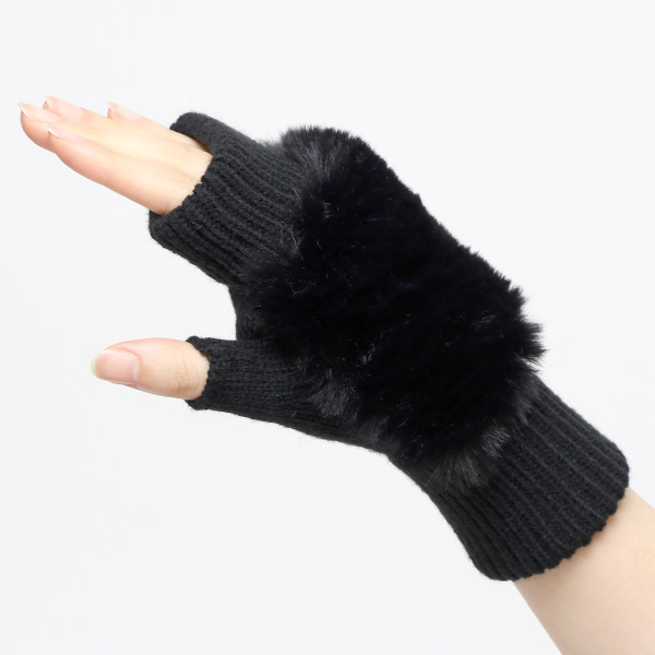  手袋 指なし レディース ハンドウォーマー フィンガーレス手袋 グローブ 防寒 冬 ファー 暖かい スマホ ブラック 黒 黒色 おしゃれ かわいい 指あき手袋 リブ 女性 ブランド ファー付き 手袋 冷え取り 冷え性 クロダ(KURODA)