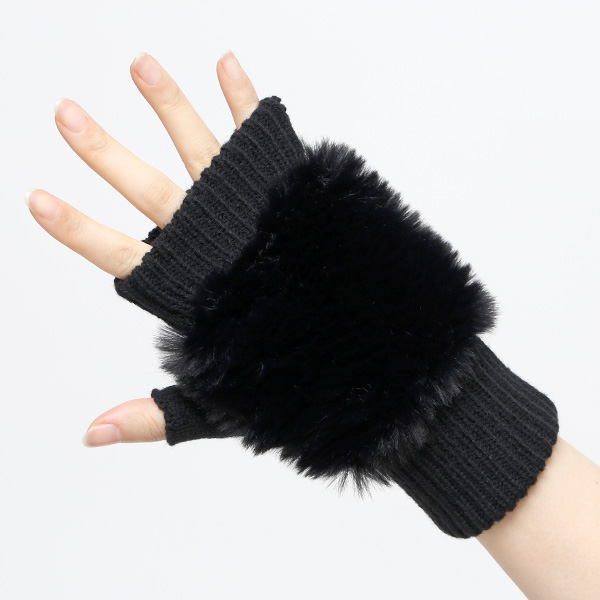  手袋 指なし レディース ハンドウォーマー フィンガーレス手袋 グローブ 防寒 冬 ファー 暖かい スマホ ブラック 黒 黒色 おしゃれ かわいい 指あき手袋 リブ 女性 ブランド ファー付き 手袋 冷え取り 冷え性 クロダ(KURODA)