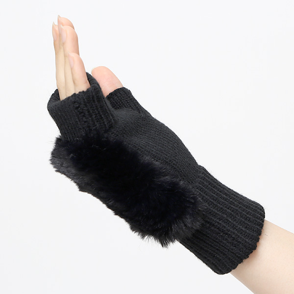  手袋 指なし レディース ハンドウォーマー フィンガーレス手袋 グローブ 防寒 冬 ファー 暖かい スマホ ブラック 黒 黒色 おしゃれ かわいい 指あき手袋 リブ 女性 ブランド ファー付き 手袋 冷え取り 冷え性 クロダ(KURODA)