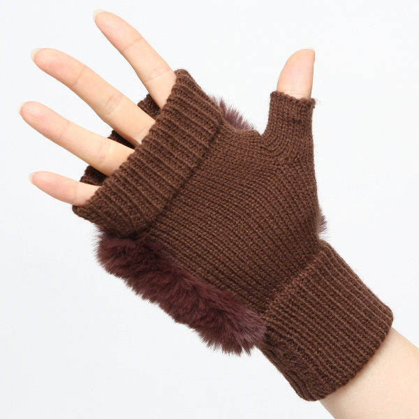  手袋 指なし レディース ハンドウォーマー フィンガーレス手袋 グローブ 防寒 冬 ファー 暖かい スマホ ブラウン 茶 茶色 おしゃれ かわいい 指あき手袋 リブ 女性 ブランド ファー付き 手袋 冷え取り 冷え性 クロダ(KURODA)