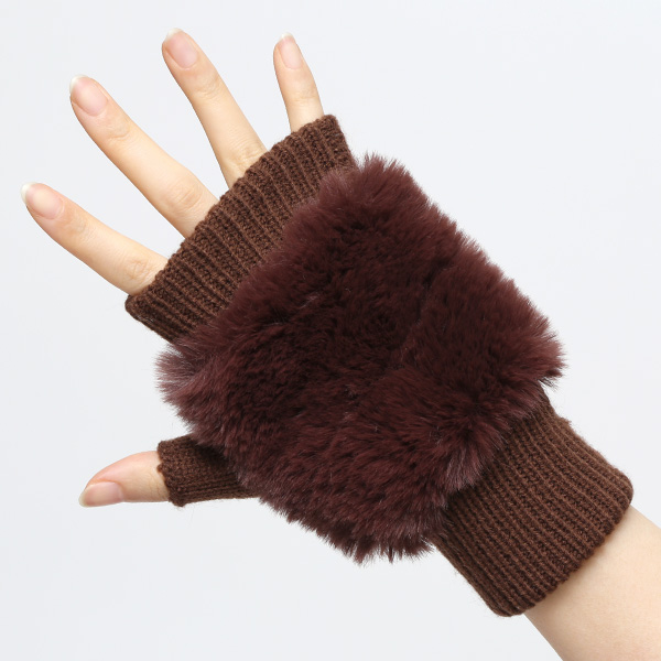  手袋 指なし レディース ハンドウォーマー フィンガーレス手袋 グローブ 防寒 冬 ファー 暖かい スマホ ブラウン 茶 茶色 おしゃれ かわいい 指あき手袋 リブ 女性 ブランド ファー付き 手袋 冷え取り 冷え性 クロダ(KURODA)