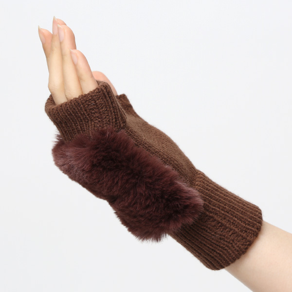  手袋 指なし レディース ハンドウォーマー フィンガーレス手袋 グローブ 防寒 冬 ファー 暖かい スマホ ブラウン 茶 茶色 おしゃれ かわいい 指あき手袋 リブ 女性 ブランド ファー付き 手袋 冷え取り 冷え性 クロダ(KURODA)