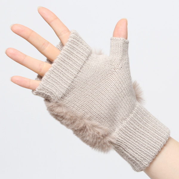 手袋 指なし レディース ハンドウォーマー フィンガーレス手袋 グローブ 防寒 冬 ファー 暖かい スマホ ライトグレー グレー グレイ 灰色 おしゃれ かわいい 指あき手袋 リブ 女性 ブランド ファー付き 手袋 冷え取り 冷え性 クロダ(KURODA)