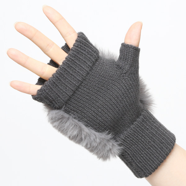 手袋 指なし レディース ハンドウォーマー フィンガーレス手袋 グローブ 防寒 冬 ファー 暖かい スマホ グレー グレイ 灰色 おしゃれ かわいい 指あき手袋 リブ 女性 ブランド ファー付き 手袋 冷え取り 冷え性 クロダ(KURODA)