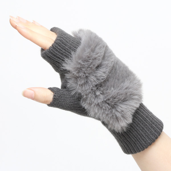  手袋 指なし レディース ハンドウォーマー フィンガーレス手袋 グローブ 防寒 冬 ファー 暖かい スマホ グレー グレイ 灰色 おしゃれ かわいい 指あき手袋 リブ 女性 ブランド ファー付き 手袋 冷え取り 冷え性 クロダ(KURODA)