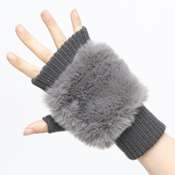  手袋 指なし レディース ハンドウォーマー フィンガーレス手袋 グローブ 防寒 冬 ファー 暖かい スマホ グレー グレイ 灰色 おしゃれ かわいい 指あき手袋 リブ 女性 ブランド ファー付き 手袋 冷え取り 冷え性 クロダ(KURODA)