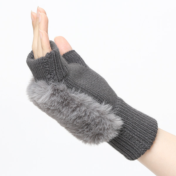  手袋 指なし レディース ハンドウォーマー フィンガーレス手袋 グローブ 防寒 冬 ファー 暖かい スマホ グレー グレイ 灰色 おしゃれ かわいい 指あき手袋 リブ 女性 ブランド ファー付き 手袋 冷え取り 冷え性 クロダ(KURODA)