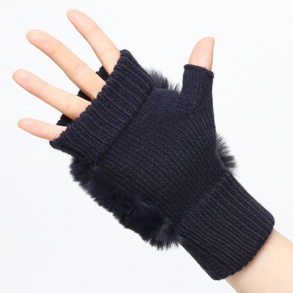  手袋 指なし レディース ハンドウォーマー フィンガーレス手袋 グローブ 防寒 冬 ファー 暖かい スマホ ブルー ネイビー 青色 おしゃれ かわいい 指あき手袋 リブ 女性 ブランド ファー付き 手袋 冷え取り 冷え性 クロダ(KURODA)