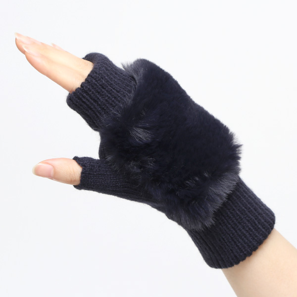  手袋 指なし レディース ハンドウォーマー フィンガーレス手袋 グローブ 防寒 冬 ファー 暖かい スマホ ブルー ネイビー 青色 おしゃれ かわいい 指あき手袋 リブ 女性 ブランド ファー付き 手袋 冷え取り 冷え性 クロダ(KURODA)