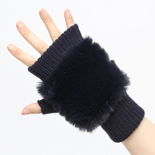  手袋 指なし レディース ハンドウォーマー フィンガーレス手袋 グローブ 防寒 冬 ファー 暖かい スマホ ブルー ネイビー 青色 おしゃれ かわいい 指あき手袋 リブ 女性 ブランド ファー付き 手袋 冷え取り 冷え性 クロダ(KURODA)