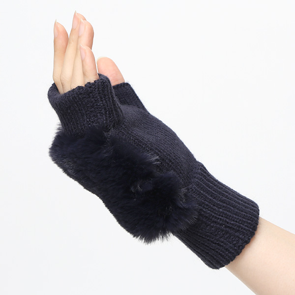  手袋 指なし レディース ハンドウォーマー フィンガーレス手袋 グローブ 防寒 冬 ファー 暖かい スマホ ブルー ネイビー 青色 おしゃれ かわいい 指あき手袋 リブ 女性 ブランド ファー付き 手袋 冷え取り 冷え性 クロダ(KURODA)