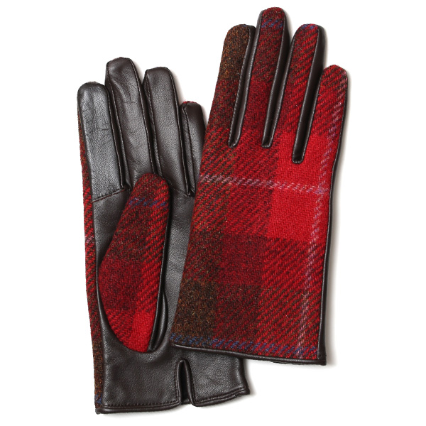 KURODA(クロダ) ハリスツイード 羊革 スマホ操作可能 レディース 本革手袋 レッド/チェック