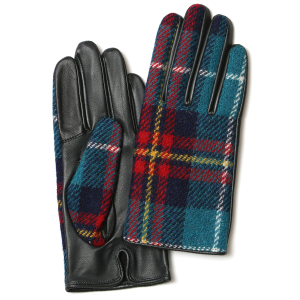 KURODA(クロダ) ハリスツイード 羊革 スマホ操作可能 レディース 本革手袋 エメラルドグリーン/チェック