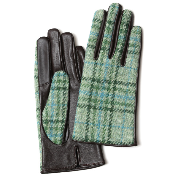 KURODA(クロダ) ハリスツイード 羊革 スマホ操作可能 レディース 本革手袋 ライトグリーン/チェック