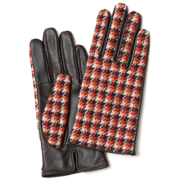 KURODA(クロダ) ハリスツイード 羊革 スマホ操作可能 レディース 本革手袋 オレンジ/千鳥