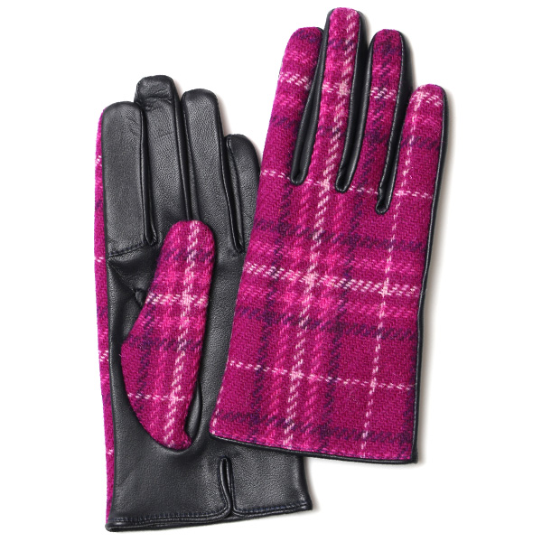 KURODA(クロダ) ハリスツイード 羊革 スマホ操作可能 レディース 本革手袋 ピンク/チェック